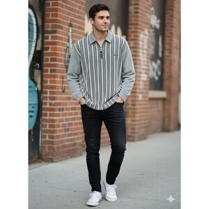 Paco Men's Long Sleeve1/4 Zip Polo Retro Inspired  striped Terry textured  Sz-M